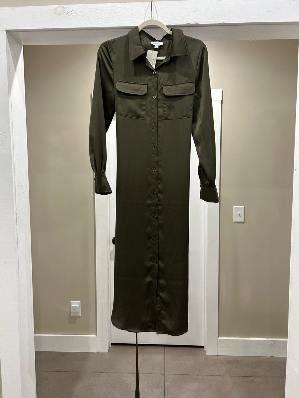 Evereve Olive Long Sleeve Button-Front Shirt Dress